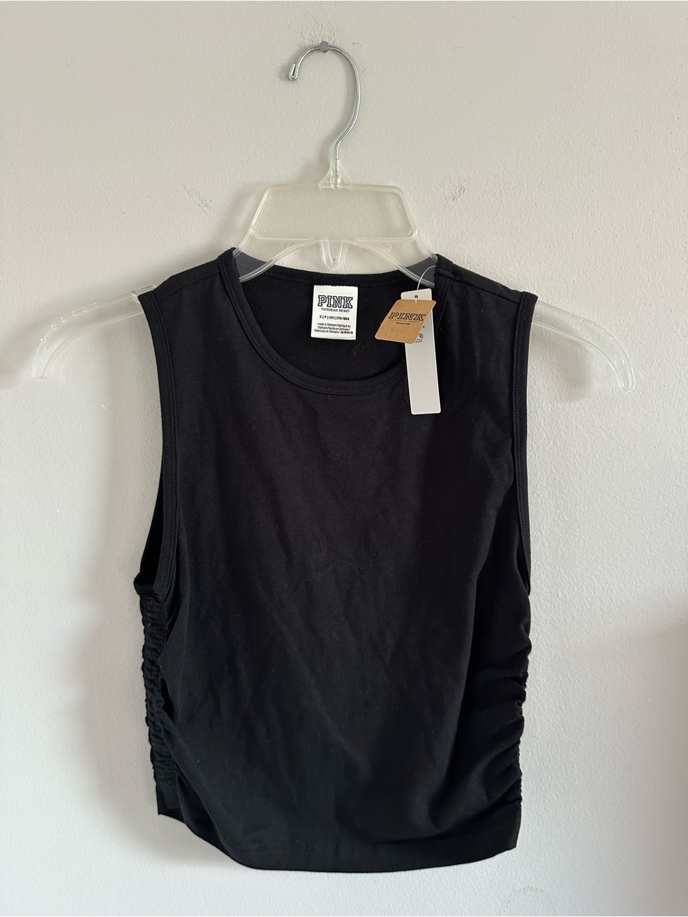 PINK Victoria's Secret Black Ruched Side Crewneck Cropped Tank NWT